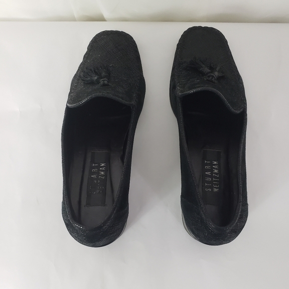 Stuart Weitzman black suede and leather chunky heel loafer metallic sheen 7.5 - Picture 7 of 8